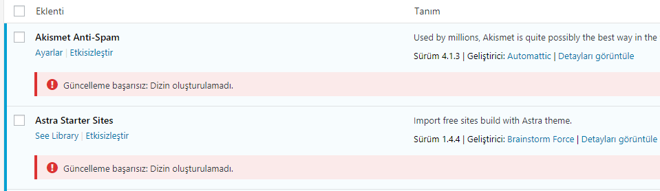 Wordpress güncelleme başarısız