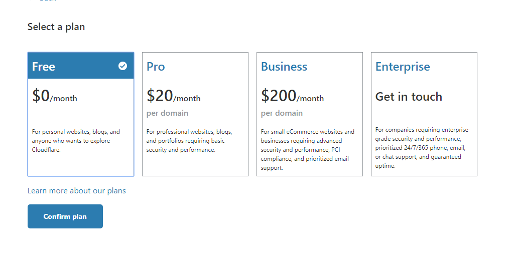 cloudflare plan seçimi